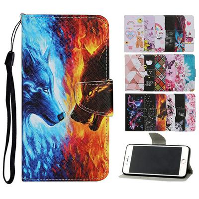 Colored Painting Wrist Strap Style Shock-Absorption Side Flip PU Leather + Soft TPU Card Slots with Magnetic Buckle and Stand Wallet Protective Case for iPhone 7 / 8