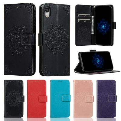 Embossed Wallet Case for iPhone XR, Plain Leather Coated Phone Cover with Hidden Kickstand and Lanyard