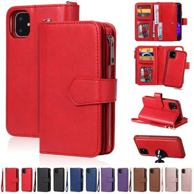 2 in 1 Zippered Leather Wallet Case for iPhone 11, Detachable Phone Cover with Hidden Stand