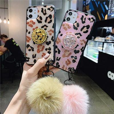 Leopard Pattern Drop Glue Shockproof with Diamond Studded Airbag Kickstand and Hair Ball Pendant Hard Back + Soft TPU Edge Back Cover Case for iPhone 11 Pro 5.8