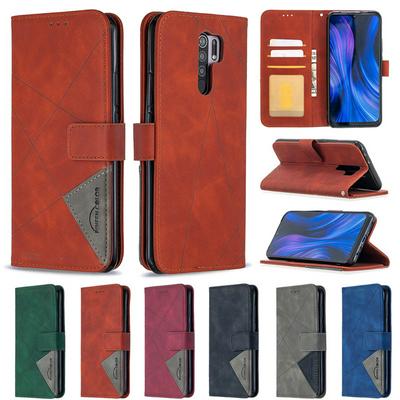Stitching Color Rhombus Pattern BF05 Scratch Resistant PU Leather Phone Protective Case with Stand &Card Slots for Xiaomi Redmi 9