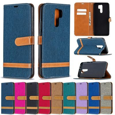 Stitching Color Denim Cloth Shock-Absorption Side Flip PU Leather + Soft TPU Card Slots with Magnetic Buckle and Stand Wallet Case for Xiaomi Redmi 9
