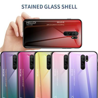 Luxury Gradient Bicolor 9H Explosion-Proof Anti-Scratch Tempered Glass Back + Soft TPU Bumper Frame Support Wireless Charging Back Cover Case for Xiaomi Redmi 9