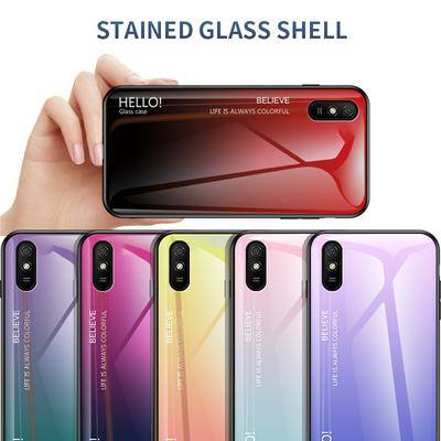 Luxury Gradient Bicolor 9H Explosion-Proof Anti-Scratch Tempered Glass Back + Soft TPU Bumper Frame Support Wireless Charging Back Cover Case for Xiaomi Redmi 9A