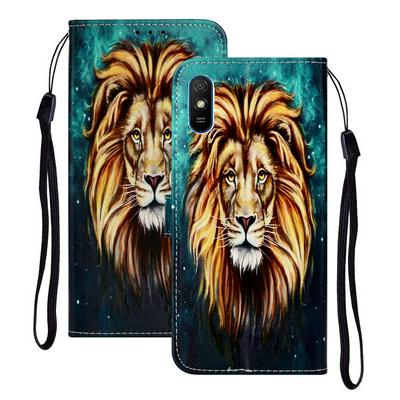 Relief Color Painting Side Flip Scratch Resistant PU Leather Wallet Phone Protective Case with Stand and Wrist Strap for Xiaomi Redmi 9A