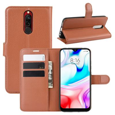Lichee Pattern Side Flip Wallet Style PU Leather + Soft TPU Card Holder with Stand and Magnetic Buckle Case for Xiaomi Redmi 8