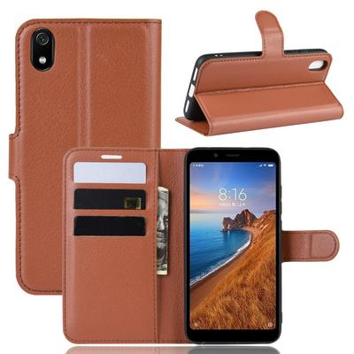 Lichee Pattern Side Flip Wallet Style PU Leather + Soft TPU Card Holder with Stand and Magnetic Buckle Case for Xiaomi Redmi 7A 
