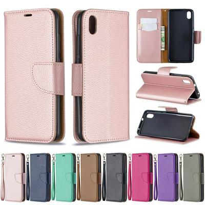 Wallet Case for Redmi 7A, Plain Litchi-textured Leather Phone Case with Card Slots and Hidden Kickstand