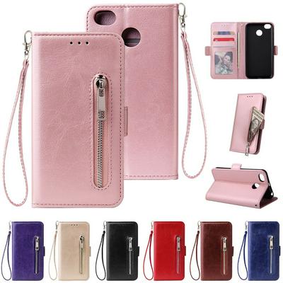 Leather Wallet Case for Xiaomi Redmi 4X, Plain Zipper Phone Cover with Wrist Strap