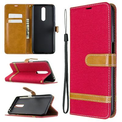 Stitching Color Denim Wrist Strap Side Flip Shockproof PU Leather + Soft TPU Card Slots with Magnetic Buckle and Stand Wallet Case for Xiaomi Redmi K30