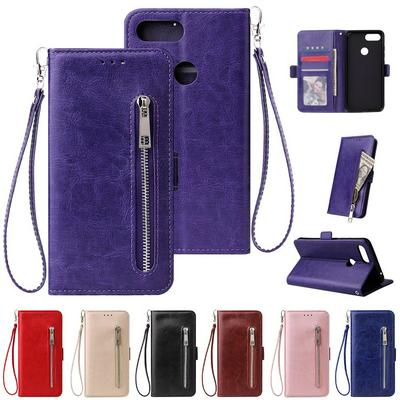 Leather Wallet Case for Xiaomi Mi 8 lite, Plain Zipper Phone Cover with Wrist Strap