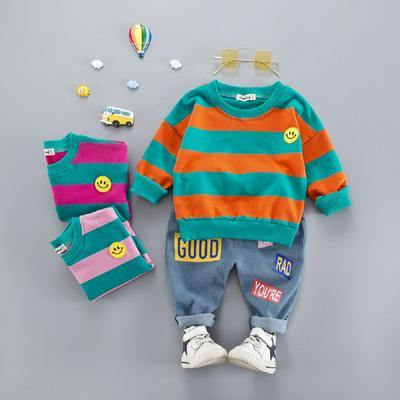 80-110cm Korean Fashion Children Baby Boys Smiley Stripe Long Sleeves Top + Jeans Children Wear Two Pieces Set