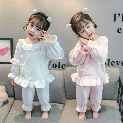 Girls Autumn and Winter Type Coral Fleece Pajamas Flannel Lacework Home Service Suit