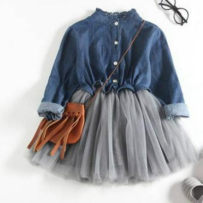 Samgami Baby Kids Skirt Korean Explosion Denim Stitching Mesh Long-Sleeved Dress
