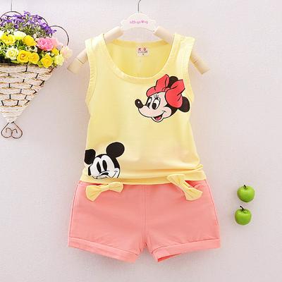 80-120cm Cute Mickey Mouse Pattern Summer Baby Girls Cotton O-Neck Sleeveless Vest + Shorts Children Wear Two-Piece Set for 1-4 Years Old Kids