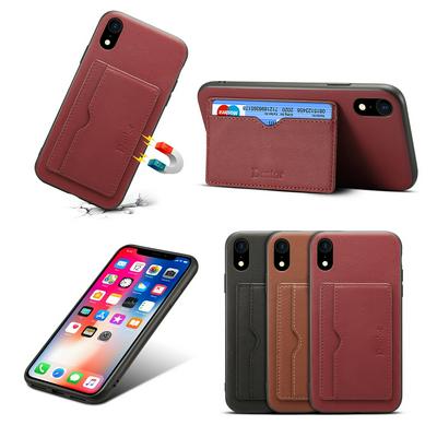 Drop Protection with Viewing Stand and Card Slot Cowhide Genuine Leather Coated PC Back Cover Phone Case for iPhone XR 6.1