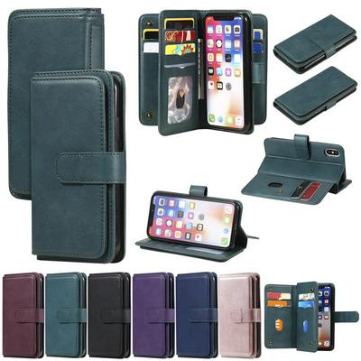 Solid Color Pattern Multifunctional Wallet Card Holder PU Leather Phone Case with Stand and 10 Card Slots for iPhone X / XS