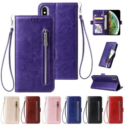 Solid Color Wrist Strap Style Shockproof Side Flip PU Leather + Soft TPU Card Slots Picture Frame with Double Buckles and Stand Zipper Wallet Case for iPhone X / XS
