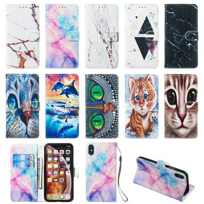 Colored Cat Tiger Owl Dolphin Pattern PU Leather + Soft TPU Card Slots with Stand Wallet Protective Case for iPhone X / XS 