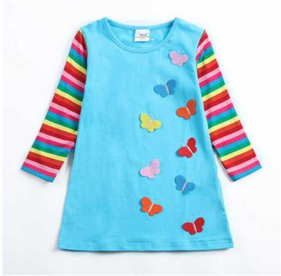 Korean Style Loose Toddler Girls Long Sleeves Soft Cotton Dress Butterfly Stripes Pattern Baby Skirt