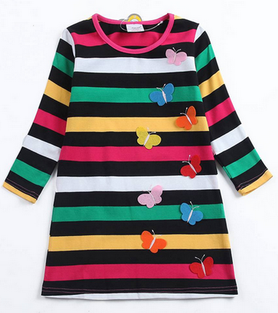 Soft Cotton Dress Butterfly Stripes Toddler Casual Dress Girls Long Sleeve Dresses Beautiful Butterfly Embroidered Colorful Stripes AL6462