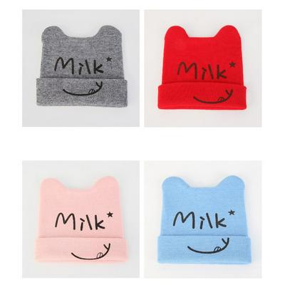Cute Two Ears Milk Letter Pattern Unisex Autumn Winter Outdoor Indoor Keep Warm Knitted Wool Horn Hat for Children Boys Girls