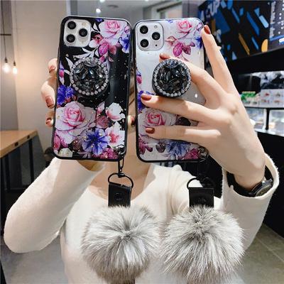 Gold Goil Drop Glue Shockproof with Diamond Studded Airbag Kickstand and Hair Ball Pendant Soft TPU Back Cover Case for iPhone 11 6.1