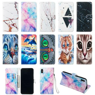 Colored Cat Tiger Owl Dolphin Pattern PU Leather + Soft TPU Card Slots with Stand Wallet Protective Case for iPhone Xs Max 6.5