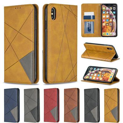 iPhone XS MAX PU+TPU Clamshell Phone Case Geometric Mosaic Pattern Retro Simple Solid Color Style Leather Phone Case