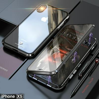 Shockproof Magnetic Metal Frame + 2.5D Curved Surface Tempered Glass Front Back Phone Case for iPhone X / XS