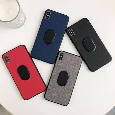 Canvas PU Leather Coated Hard PC with Ring Stand Car Hold Available Back Cover Protecting Case for iPhone X / XS