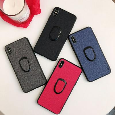Canvas PU Leather Coated Hard PC with Ring Stand Back Cover Protecting Case for iPhone X / XS