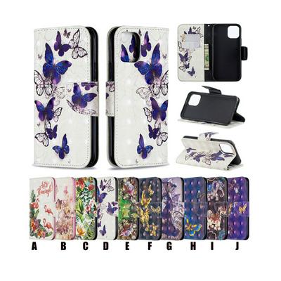 3D Butterfly Cat Flamingo Colored Painting PU Leather + Soft TPU Card Slots with Magnetic Buckle and Stand Wallet Protective Case for 2019 5.8inch 