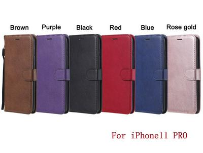 Wallet Phone Case for iPhone 11 Pro, Plain Synthetic Leather Phone Cover with Wrist Strap