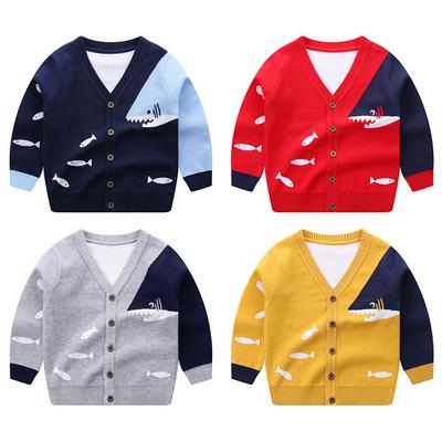 90-140cm Cartoon Fish Pattern Children Boy Winter Autumn Warm Keeping Long Sleeves V-Neck Single-Breasted Knitted Cardigan Sweater Children Wear