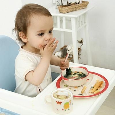 5Pcs Cartoon Printed Environmentally Bamboo Fiber Dinnerware Plate Dishes Bowl Cup Spoon Plate Fork Feeding Set Food Container Biodegradable Children's Tableware Set 