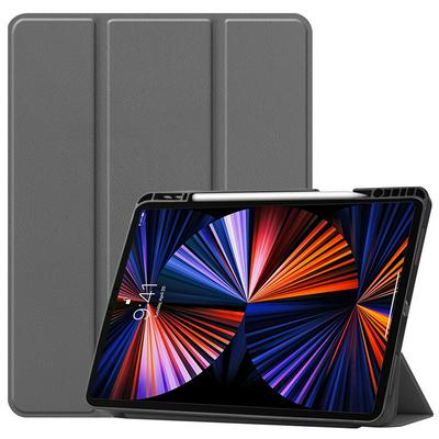 For iPad Pro 12.9 (2021) Tri-Fold Stand Side Flip Auto Sleep Function PU Leather + Soft TPU Tablet Protective Case with Pen Slot 