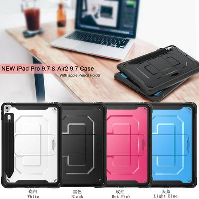 For iPad 9.7 (2017) / iPad Air 2 Shoulder Strap Type Anti-fall PC+TPU Back Cover Case with Pencil Holder and Kickstand