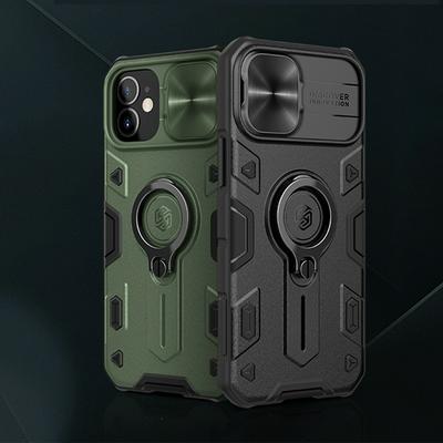 Black Rhino Series Lens Sliding Cover Design Anti-fall Hard PC + TPU Back Cover Phone Case with Invisible Ring Kickstand for iPhone 12(6.1)