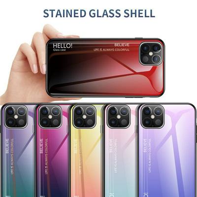 Luxury Gradient Bicolor 9H Explosion-Proof Anti-Scratch Tempered Glass Back + Soft TPU Bumper Frame Support Wireless Charging Back Cover Case for iPhone 12 Pro Max (6.7)