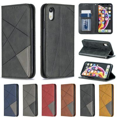 iPhone XR PU+TPU Clamshell Phone Case Geometric Mosaic Pattern Retro Simple Solid Color Style Leather Phone Case