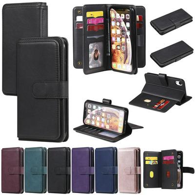 Solid Color Pattern Multifunctional Wallet Card Holder PU Leather Phone Case with Stand and 10 Card Slots for iPhone XR 6.1