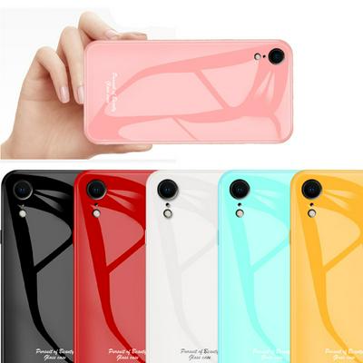 Glossy Macaron Solid Color Shockproof Tempered Glass Back Cover Case for iPhone XR 6.1