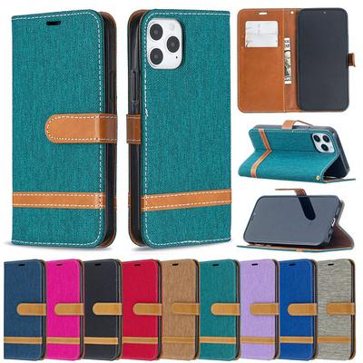 Stitching Color Denim Cloth Wrist Strap Style Shock-Absorption Side Flip PU Leather + Soft TPU Card Slots with Magnetic Buckle and Stand Wallet Case for iPhone 12 6.1