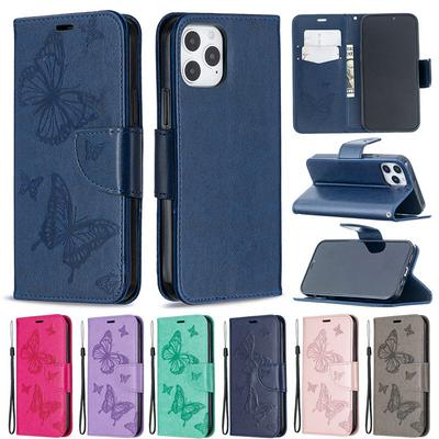 Embossed Two Butterflies Pattern Wrist Strap Style Shockproof Side Flip PU Leather + Soft TPU Card Slots with Magnetic Buckle and Stand Wallet Case for iPhone 12 6.1