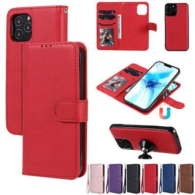 Solid Color 2 in 1 Side Flip Shockproof Wrist Strap Style PU Leather + Strong Magnetic Detachable Soft TPU Magnetic Buckle with Stand and Card Slots Wallet Case for iPhone 12 6.1