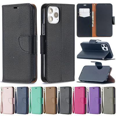 Solid Litchi Pattern Wrist Strap Style Shockproof Side Flip PU Leather + Soft TPU Card Slots with Magnetic Buckle and Stand Wallet Case for iPhone 12 6.1
