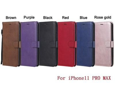 Wallet Phone Case for iPhone 11 Pro Max, Plain Synthetic Leather Phone Cover with Wrist Strap
