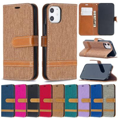 Stitching Color Denim Cloth Wrist Strap Style Shock-Absorption Side Flip PU Leather + Soft TPU Card Slots with Magnetic Buckle and Stand Wallet Case for iPhone 12 5.4