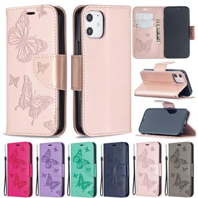 Embossed Two Butterflies Pattern Wrist Strap Style Shockproof Side Flip PU Leather + Soft TPU Card Slots with Magnetic Buckle and Stand Wallet Case for iPhone 12 5.4